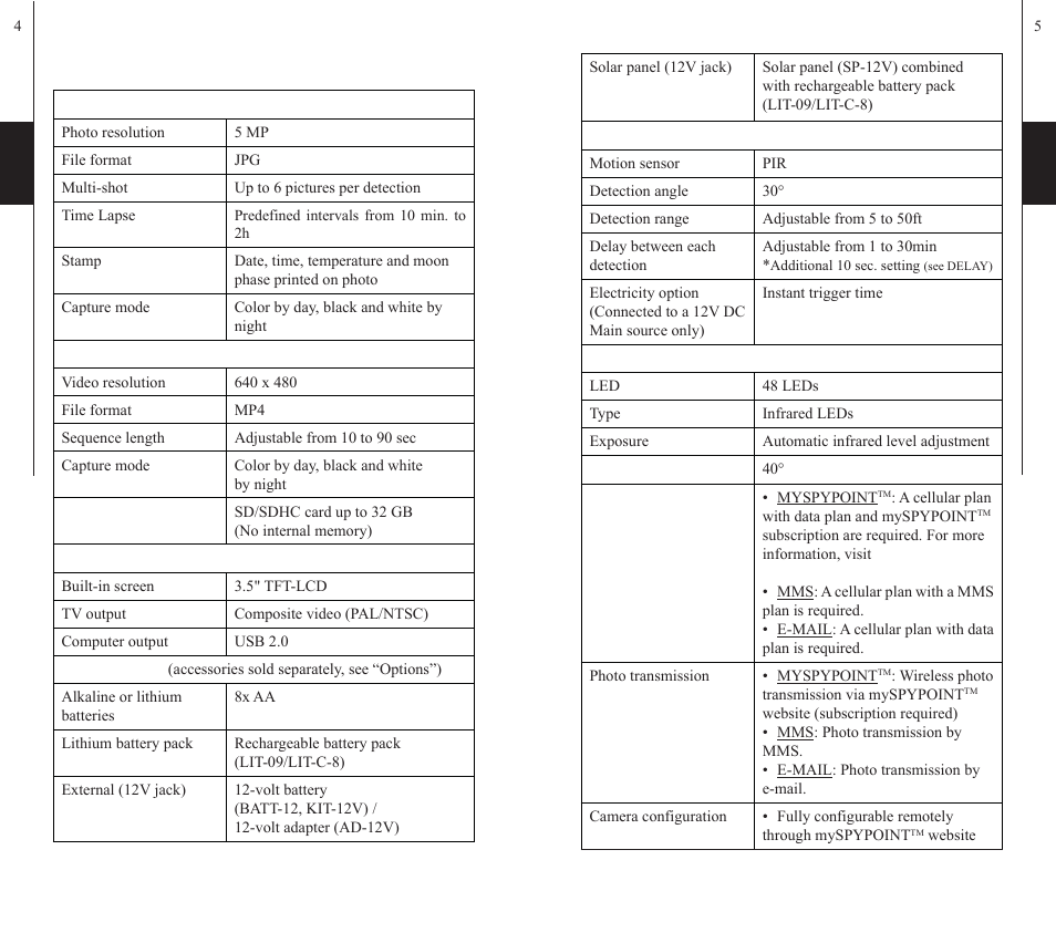 Specifications | SPYPOINT S-LIVE User Manual | Page 3 / 49