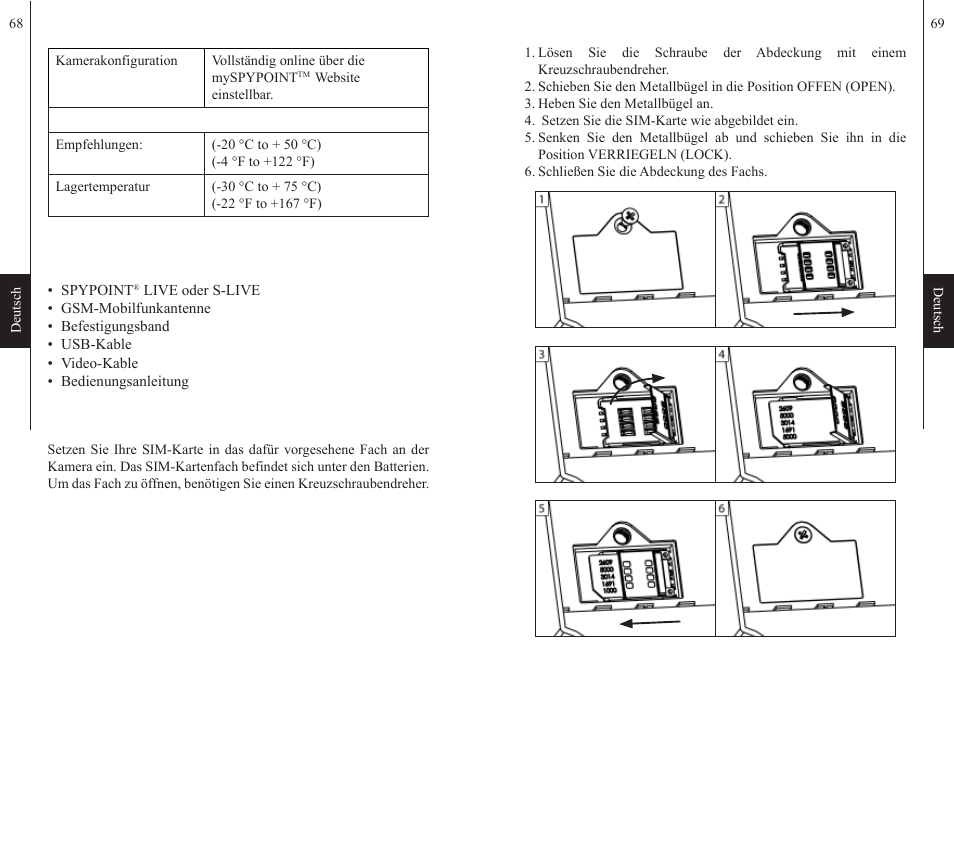 Lieferumfang, Einsetzen der sim-karte | SPYPOINT S-LIVE User Manual | Page 35 / 49