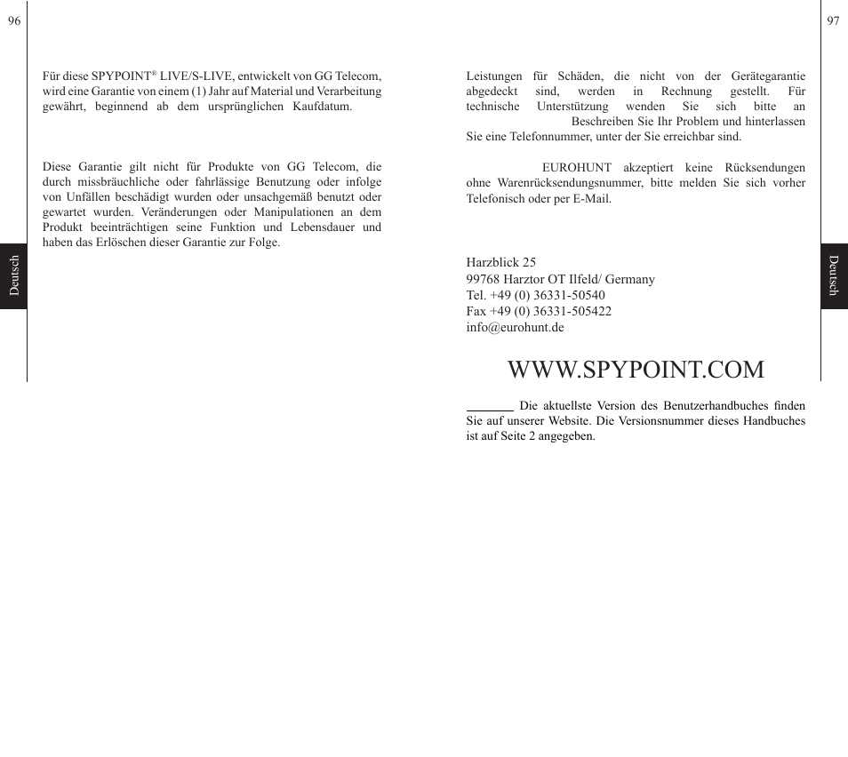Haftungsbeschränkung, Reparaturservice | SPYPOINT S-LIVE User Manual | Page 49 / 49