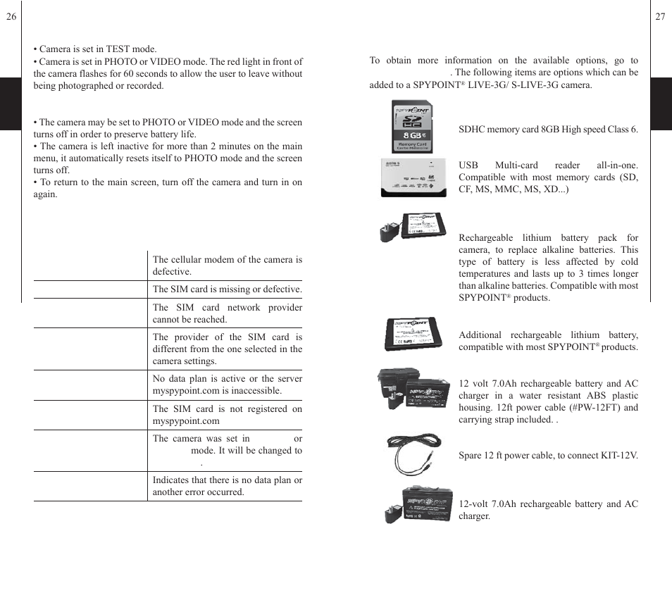 Error message, Options | SPYPOINT S-LIVE-3G User Manual | Page 14 / 49