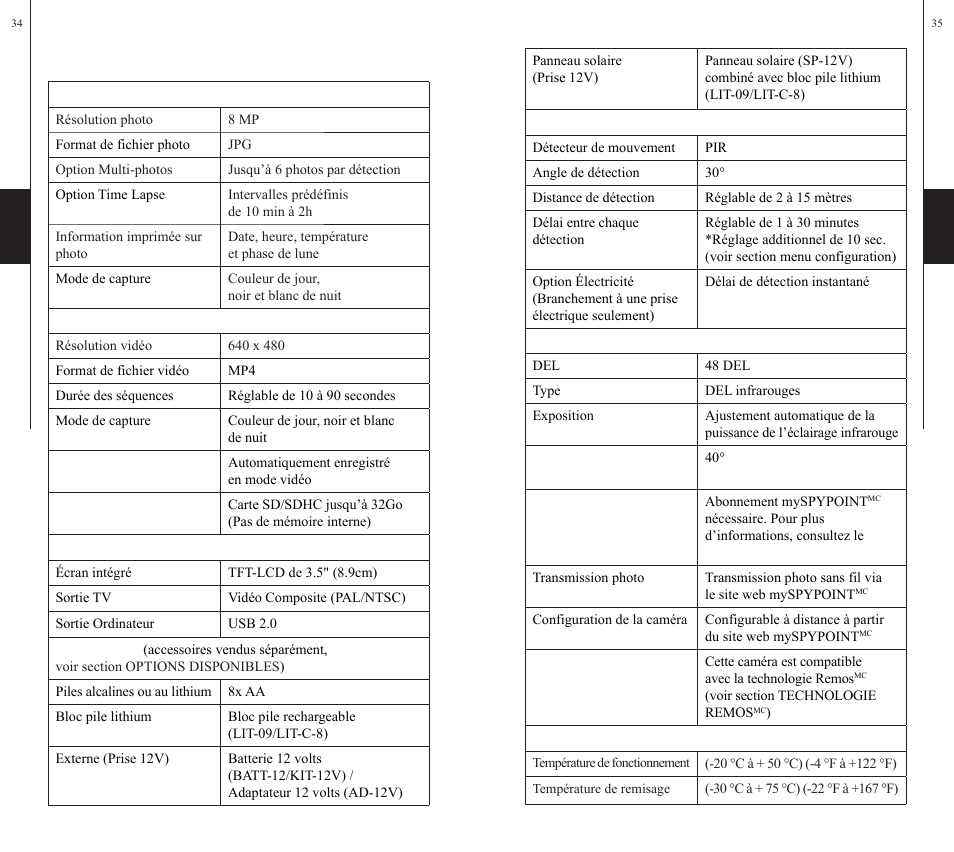 Spécifications | SPYPOINT S-LIVE-3G User Manual | Page 18 / 49
