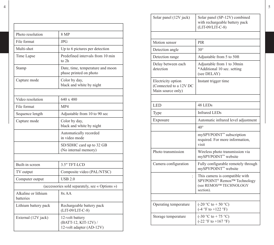 Specifications | SPYPOINT S-LIVE-3G User Manual | Page 3 / 49