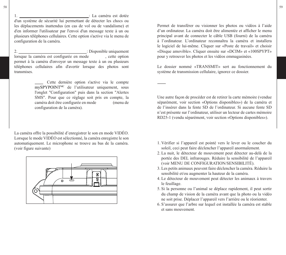 Enregistrement du son, Transfert vers l’ordinateur, Dépannage | SPYPOINT S-LIVE-3G User Manual | Page 30 / 49