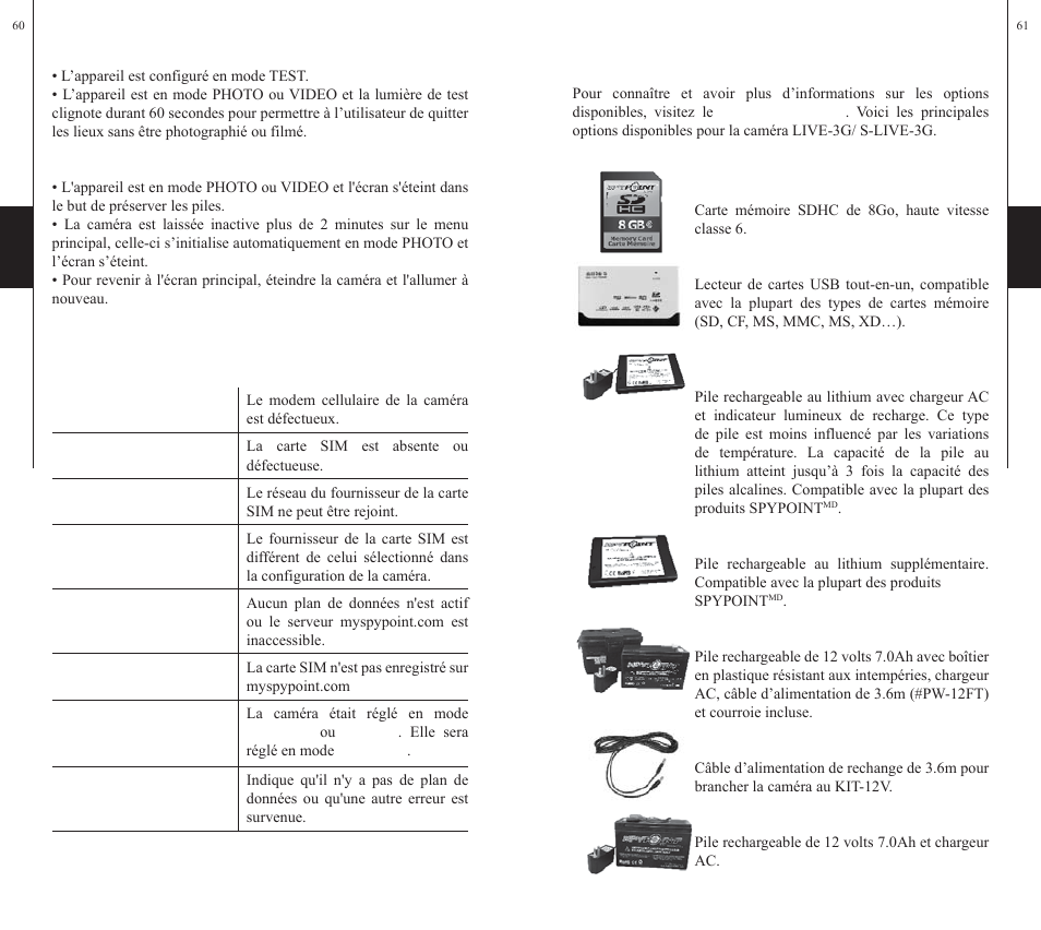 Message d'erreur, Options disponibles | SPYPOINT S-LIVE-3G User Manual | Page 31 / 49