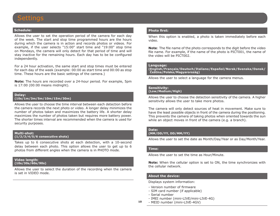 Settings | SPYPOINT Mini-LIVE-4GV User Manual User Manual | Page 10 / 23
