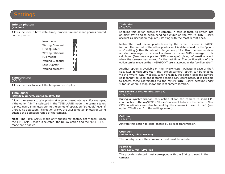 Settings | SPYPOINT Mini-LIVE-4GV User Manual User Manual | Page 11 / 23