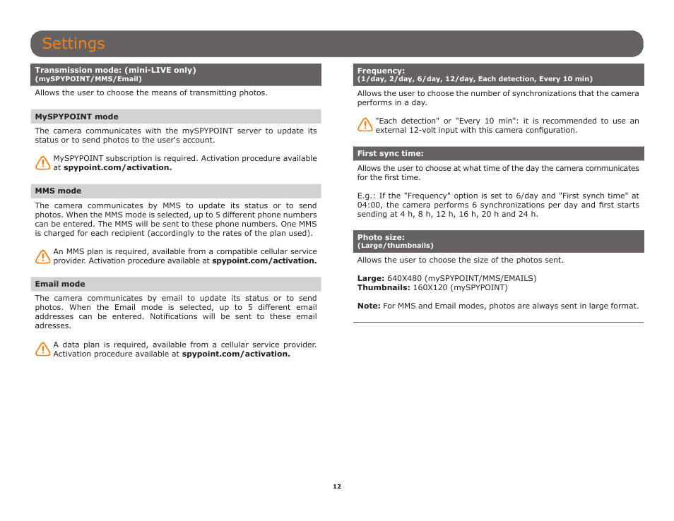 Settings | SPYPOINT Mini-LIVE-4GV User Manual User Manual | Page 12 / 23