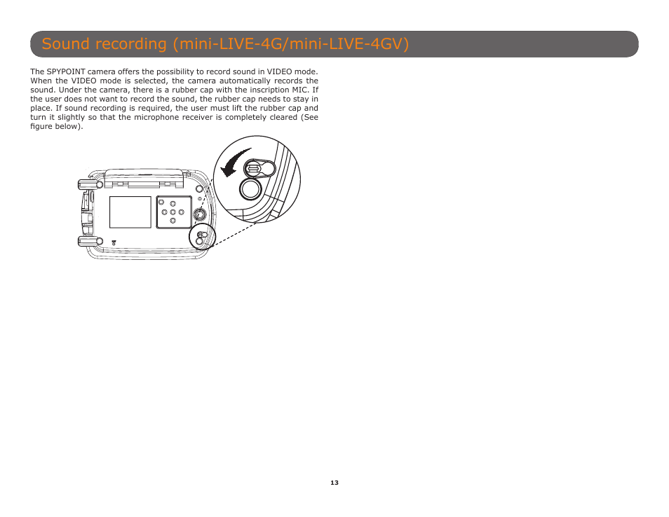 Sound recording (mini-live-4g/mini-live-4gv), Ecords sound in video mode (p.13) | SPYPOINT Mini-LIVE-4GV User Manual User Manual | Page 13 / 23