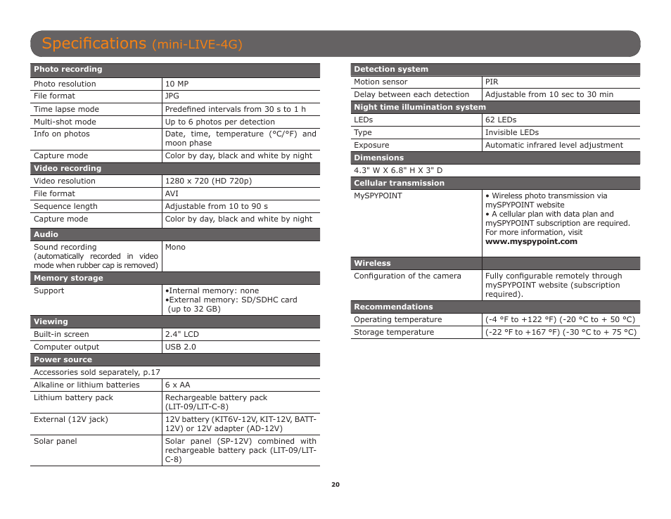 Specifications, Mini-live-4g) | SPYPOINT Mini-LIVE-4GV User Manual User Manual | Page 20 / 23