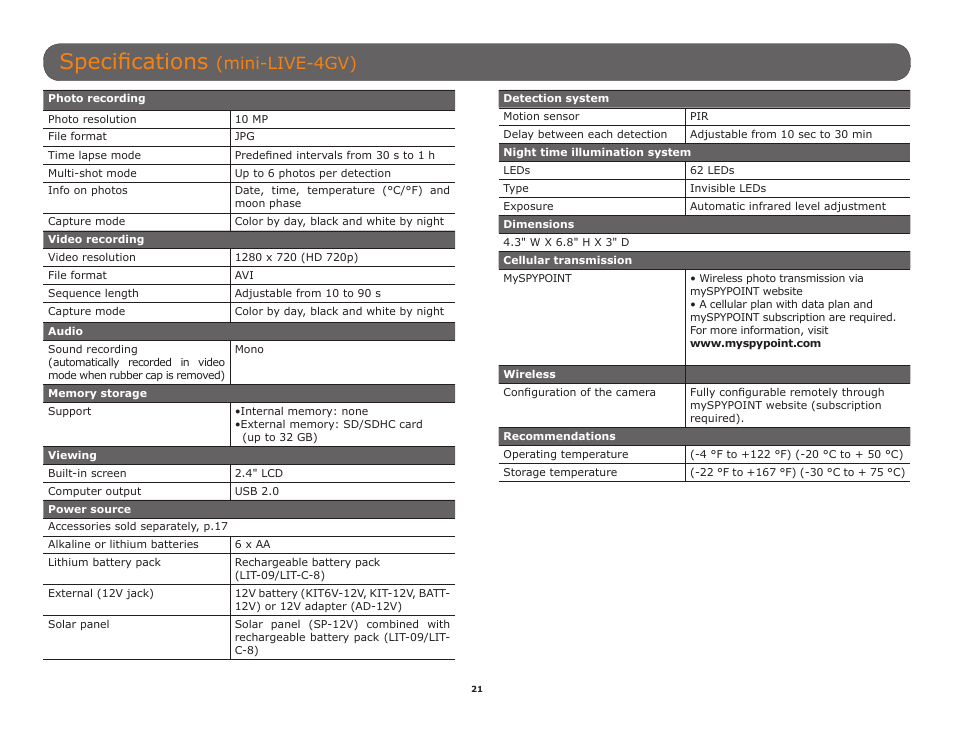 Specifications, Mini-live-4gv) | SPYPOINT Mini-LIVE-4GV User Manual User Manual | Page 21 / 23