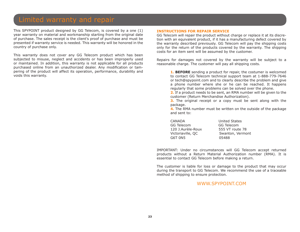 Limited warranty and repair | SPYPOINT Mini-LIVE-4GV User Manual User Manual | Page 23 / 23