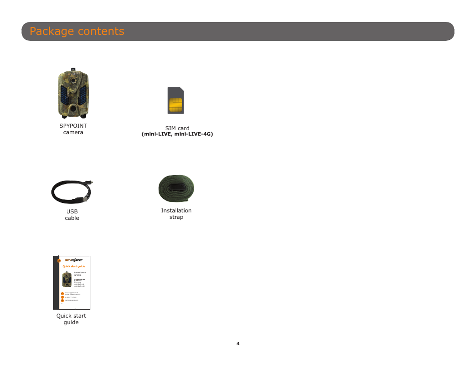 Package contents | SPYPOINT Mini-LIVE-4GV User Manual User Manual | Page 4 / 23