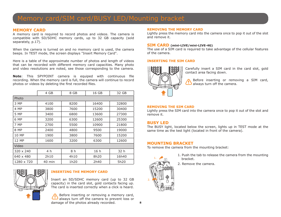 Mounting bracket, Memory card, Sim card (mini-live/mini-live-4g) | Busy led, P.8), Videos (p.8) | SPYPOINT Mini-LIVE-4GV User Manual User Manual | Page 8 / 23