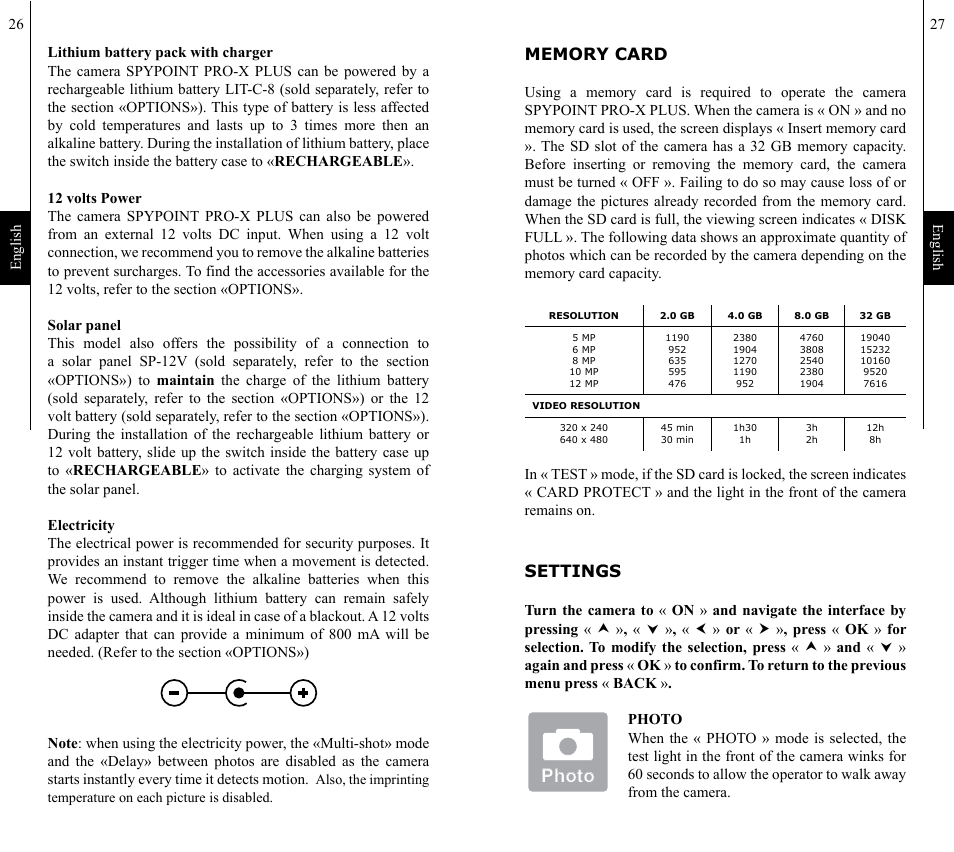 Photo, Settings | SPYPOINT Pro-X Plus User Manual | Page 14 / 28