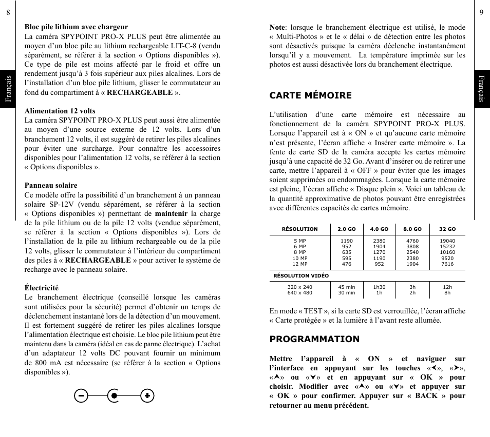 Carte mémoire, Programmation | SPYPOINT Pro-X Plus User Manual | Page 5 / 28