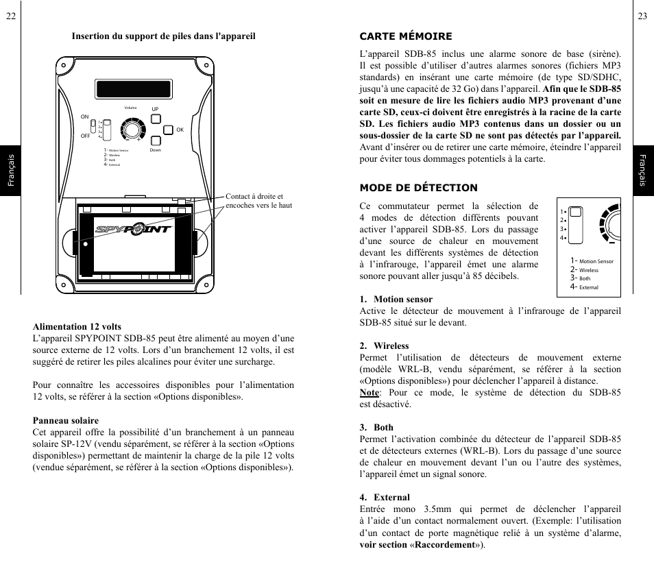 Insertion du support de piles dans l'appareil | SPYPOINT SDB-85 User Manual | Page 12 / 22