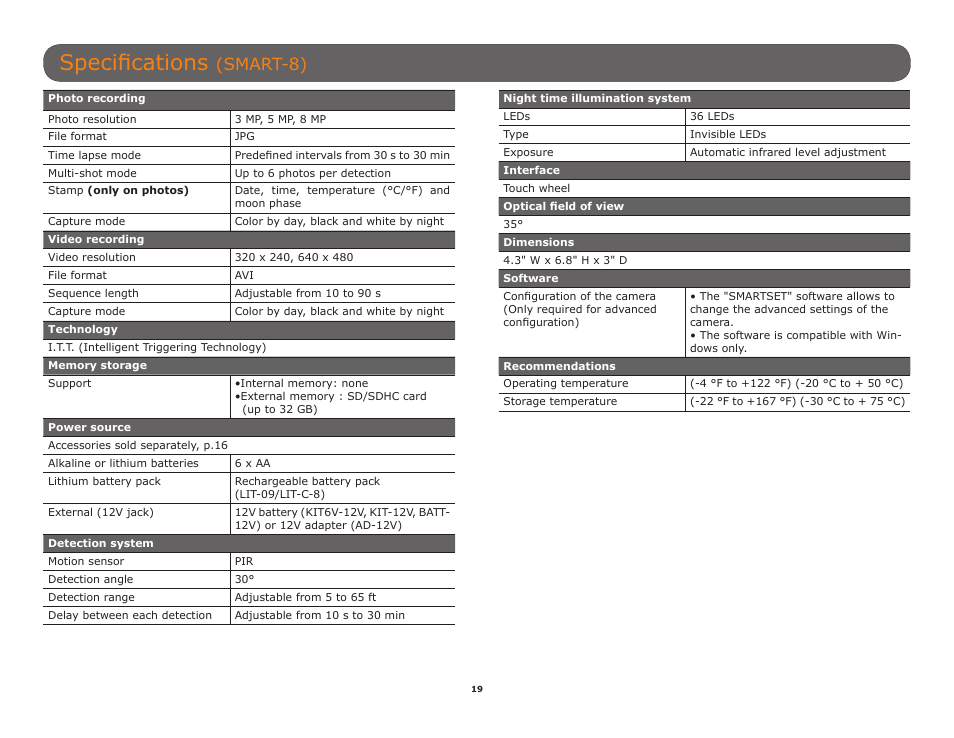 Specifications, Smart-8) | SPYPOINT SMART-8 User Manual User Manual | Page 19 / 20