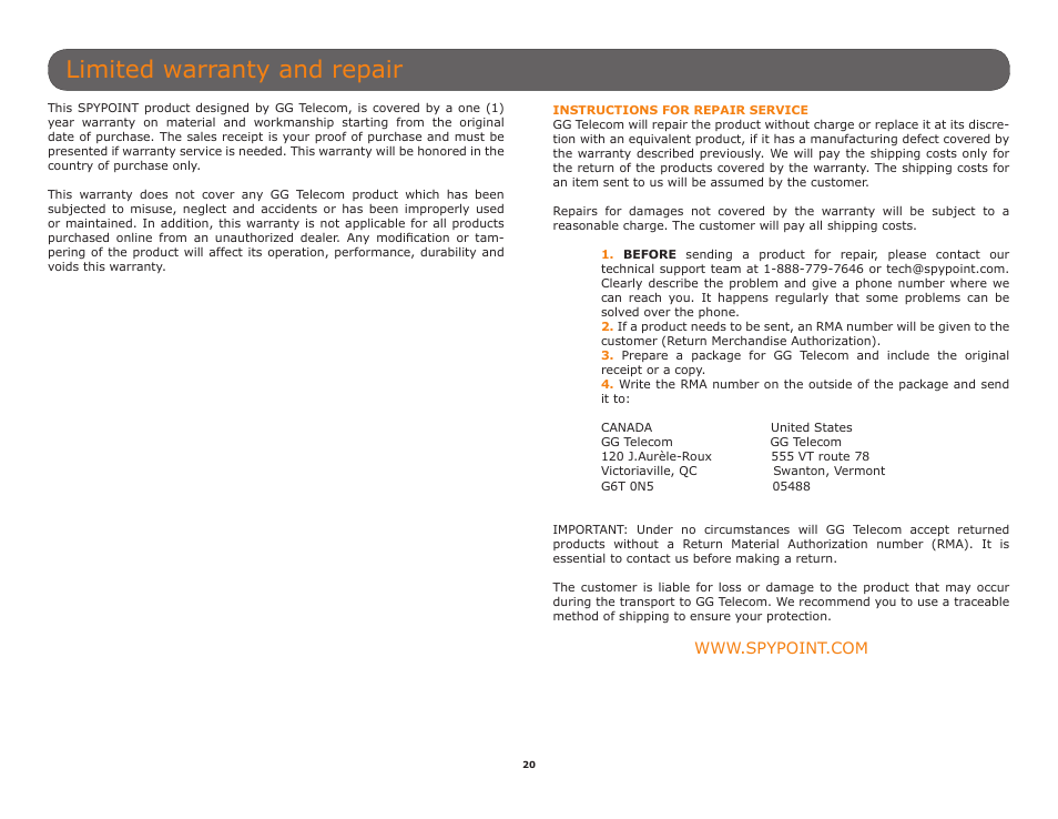 Limited warranty and repair | SPYPOINT SMART-8 User Manual User Manual | Page 20 / 20