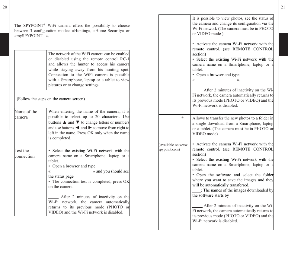 Configuration modes | SPYPOINT WiFi User Manual | Page 11 / 47