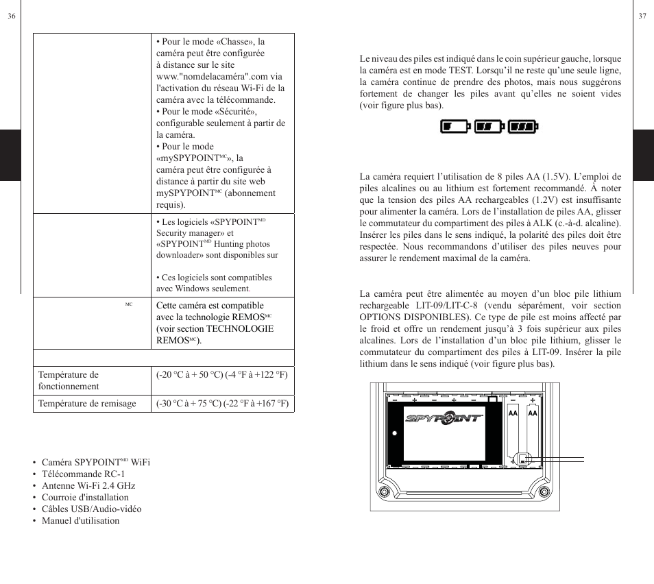 Contenu de l’emballage, Alimentation | SPYPOINT WiFi User Manual | Page 19 / 47