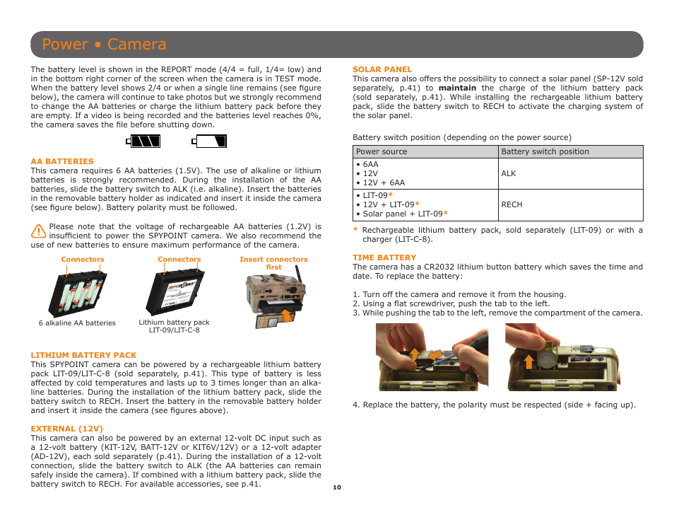 P.10), Memory (p.10), Lithium battery pack (p.10) | Ately (p.10), Power • camera | SPYPOINT TINY-W3 User Manual | Page 10 / 54