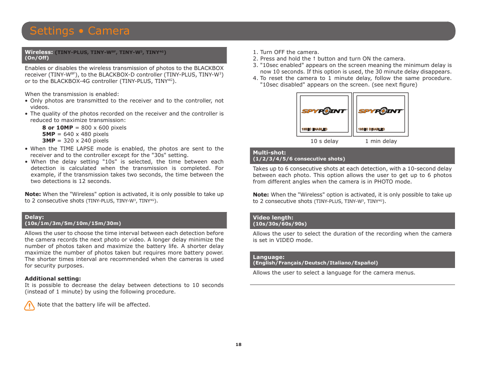 Settings • camera | SPYPOINT TINY-W3 User Manual | Page 18 / 54