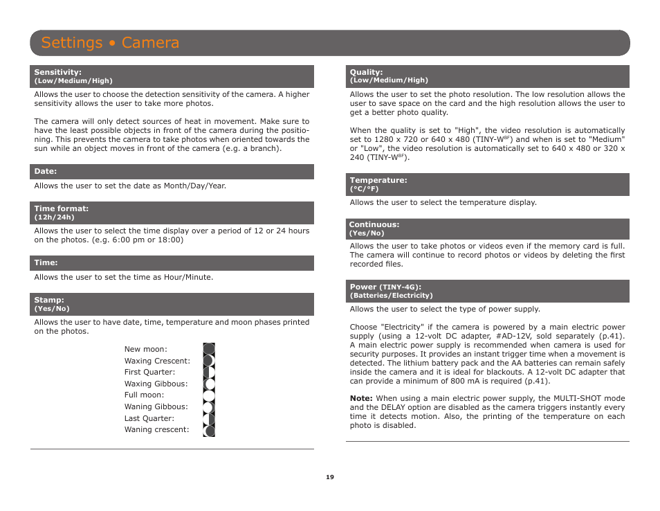Settings • camera | SPYPOINT TINY-W3 User Manual | Page 19 / 54