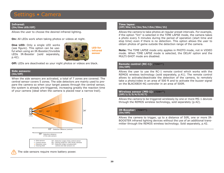 P.20), Settings • camera | SPYPOINT TINY-W3 User Manual | Page 20 / 54