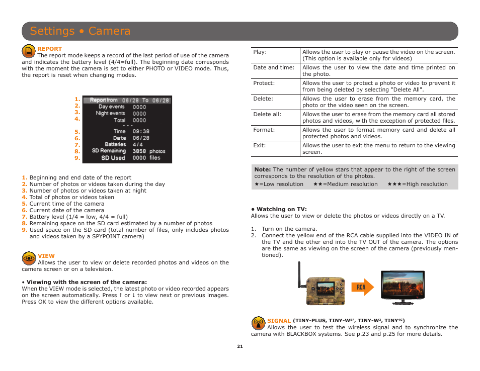 Videos directly on tv (p.21), Settings • camera | SPYPOINT TINY-W3 User Manual | Page 21 / 54