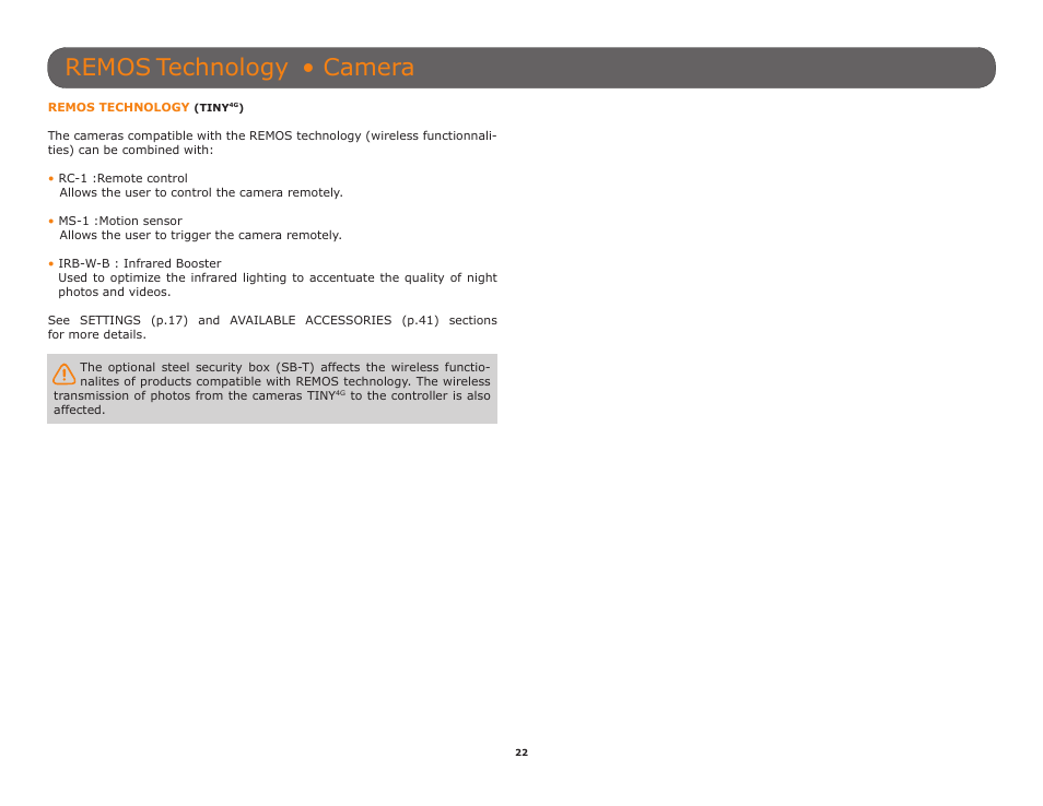 Remos technology, Tiny, Remos | Technology, Camera | SPYPOINT TINY-W3 User Manual | Page 22 / 54