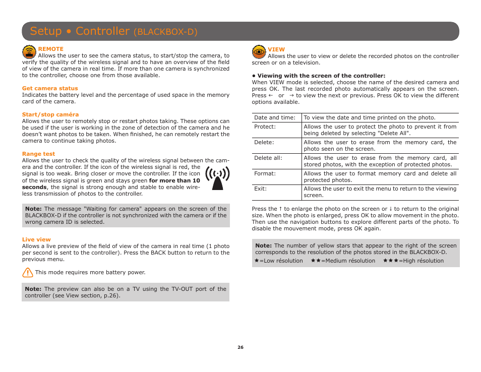 Directly on a television (p.26), Setup • controller, Blackbox-d) | SPYPOINT TINY-W3 User Manual | Page 26 / 54