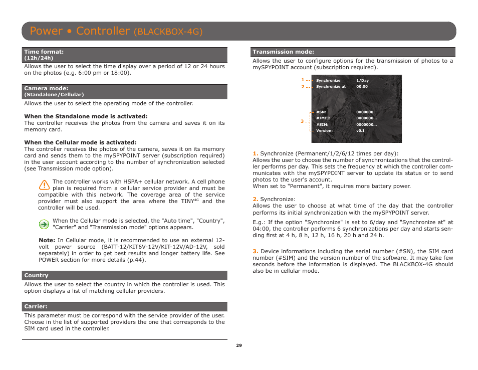 Power • controller, Blackbox-4g) | SPYPOINT TINY-W3 User Manual | Page 29 / 54