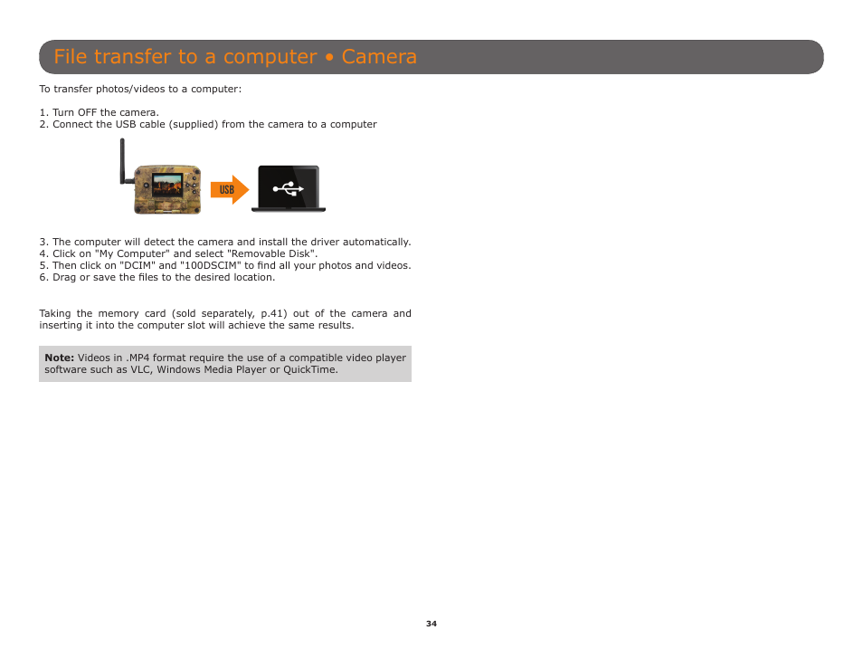 P.34), File transfer to a computer • camera | SPYPOINT TINY-W3 User Manual | Page 34 / 54