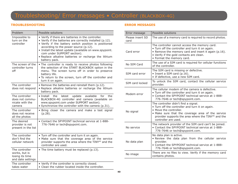Troubleshooting/ error messages • controller, Blackbox-4g) | SPYPOINT TINY-W3 User Manual | Page 40 / 54