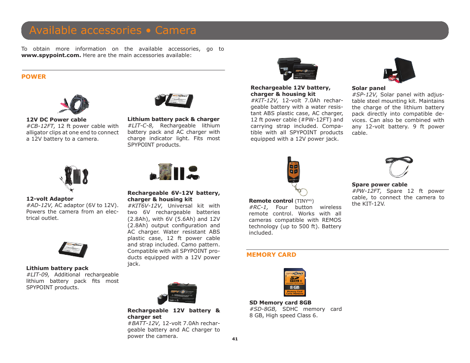 P.41), Ailable accessories, see p.41, Available accessories • camera | SPYPOINT TINY-W3 User Manual | Page 41 / 54