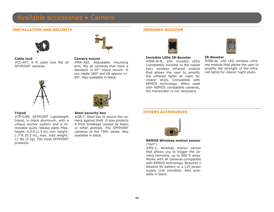 P.42), Ately (p.42), P.42 | Available accessories • camera | SPYPOINT TINY-W3 User Manual | Page 42 / 54