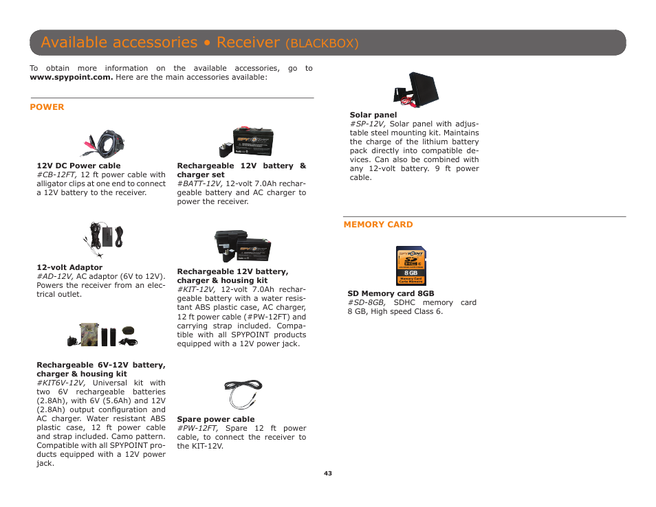 P.43), Ailable accessories, see p.43, Available accessories • receiver | Blackbox) | SPYPOINT TINY-W3 User Manual | Page 43 / 54