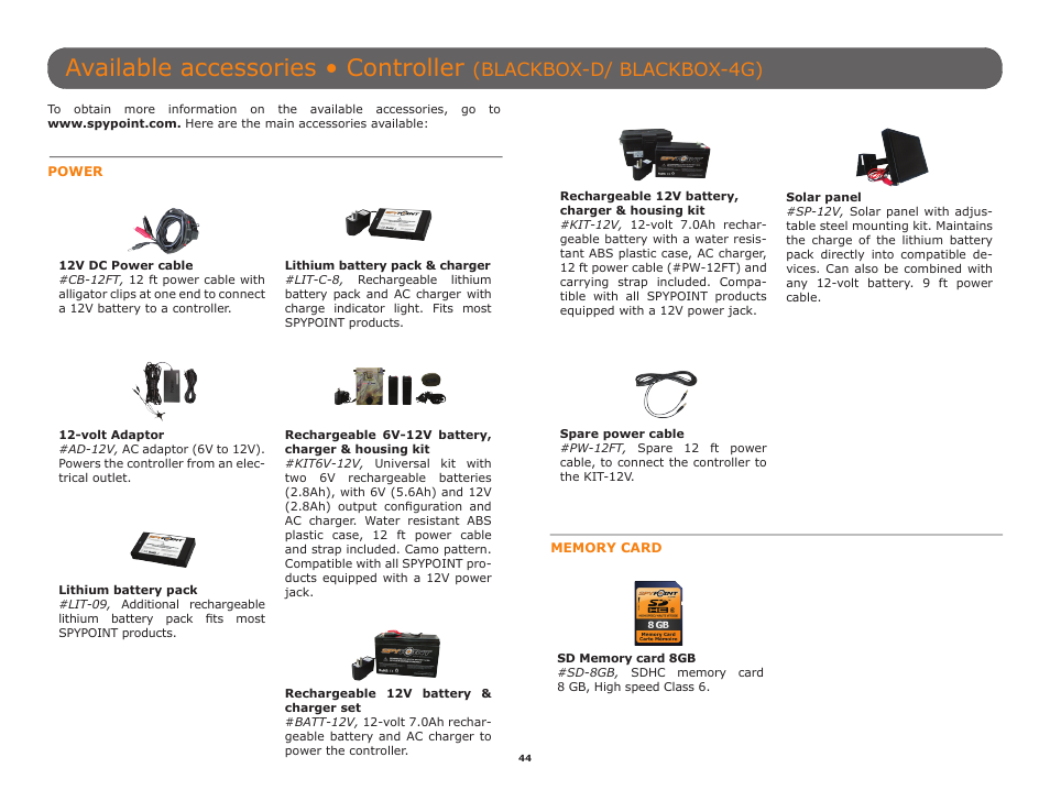 Ately (p.44), P.44), Ailable accessories, see p.44 | Available accessories • controller, Blackbox-d/ blackbox-4g) | SPYPOINT TINY-W3 User Manual | Page 44 / 54