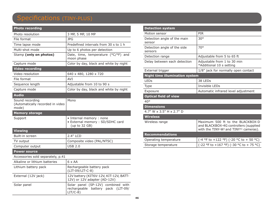 Specifications, Tiny-plus) | SPYPOINT TINY-W3 User Manual | Page 46 / 54