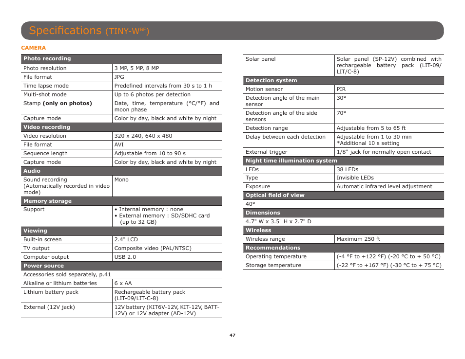 Specifications, Tiny-w | SPYPOINT TINY-W3 User Manual | Page 47 / 54