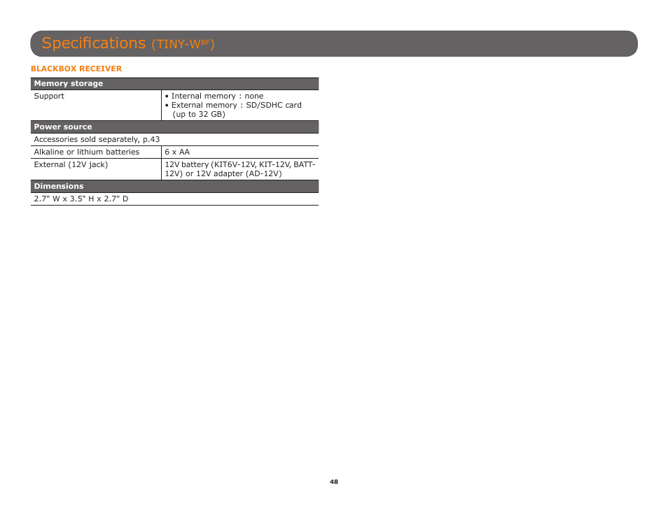 Specifications, Tiny-w | SPYPOINT TINY-W3 User Manual | Page 48 / 54