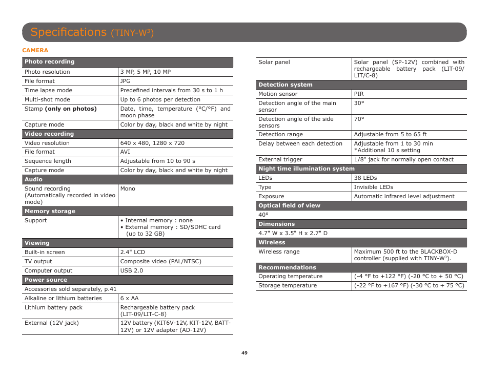 Specifications, Tiny-w | SPYPOINT TINY-W3 User Manual | Page 49 / 54