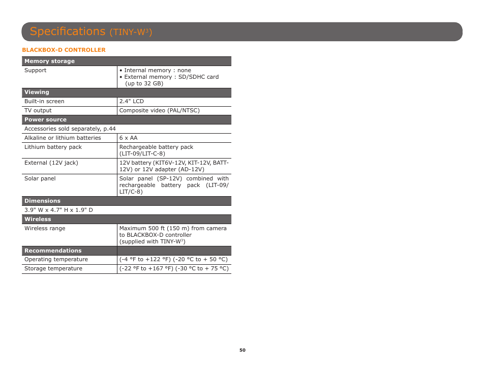 Specifications, Tiny-w | SPYPOINT TINY-W3 User Manual | Page 50 / 54