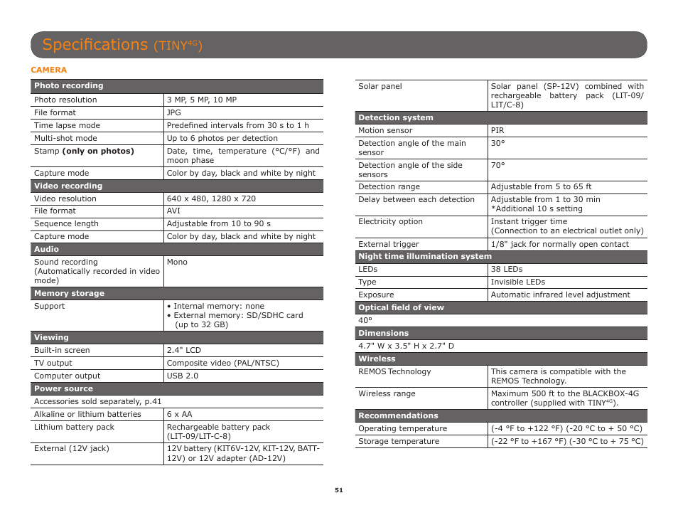 Specifications, Tiny | SPYPOINT TINY-W3 User Manual | Page 51 / 54