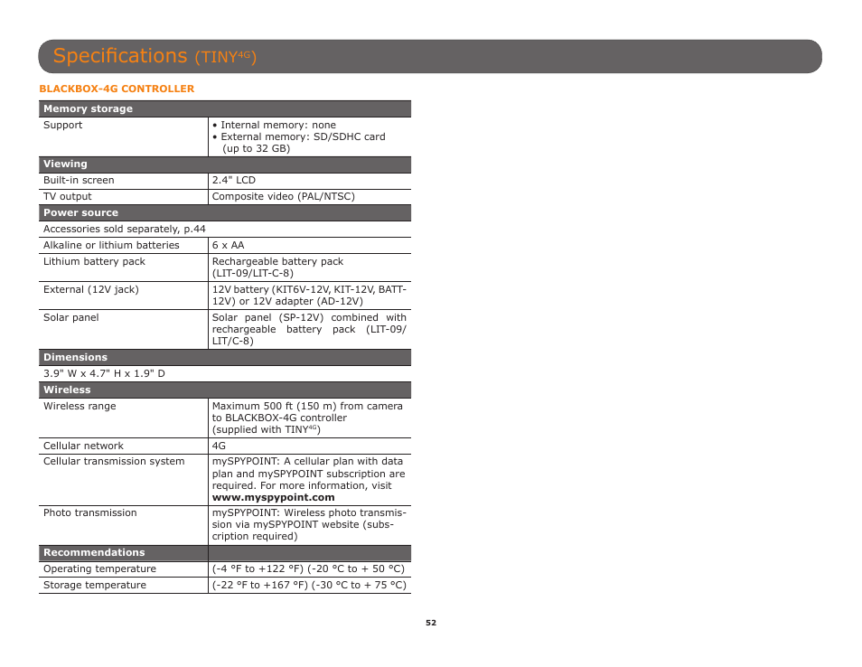 Specifications, Tiny | SPYPOINT TINY-W3 User Manual | Page 52 / 54