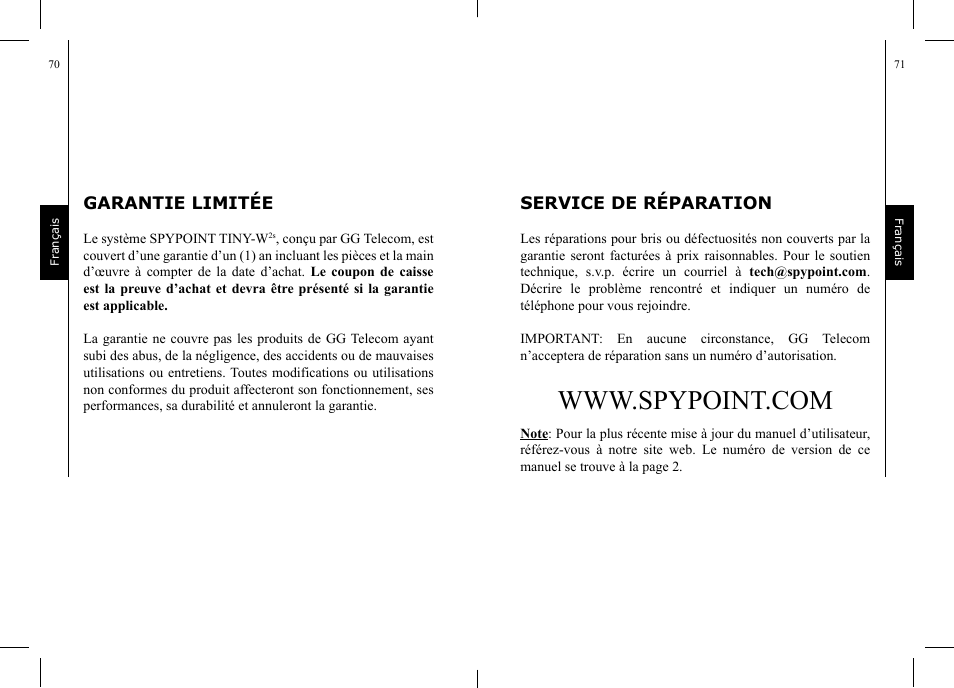Garantie limitée, Service de réparation | SPYPOINT TINY-W2s User Manual | Page 36 / 52
