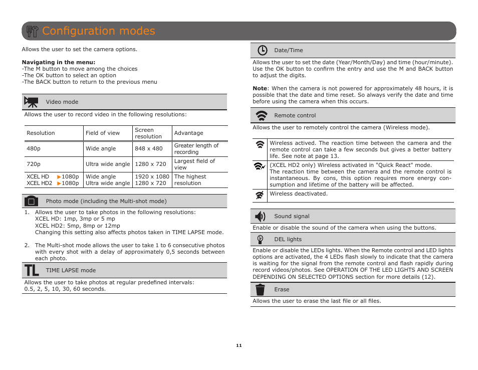 See configuration modes section (p.11, Configuration modes | SPYPOINT XCEL HD2 User Manual User Manual | Page 11 / 26