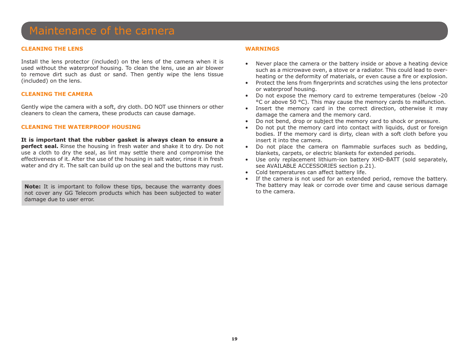 Maintenance of the camera | SPYPOINT XCEL HD2 User Manual User Manual | Page 19 / 26