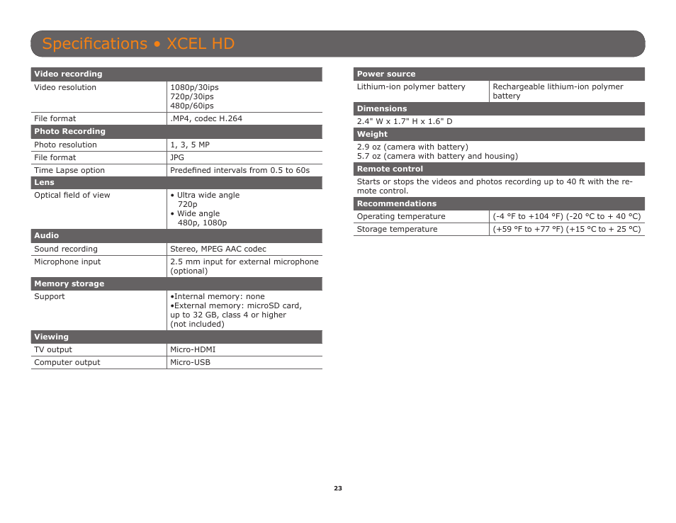 Specifications • xcel hd | SPYPOINT XCEL HD2 User Manual User Manual | Page 23 / 26