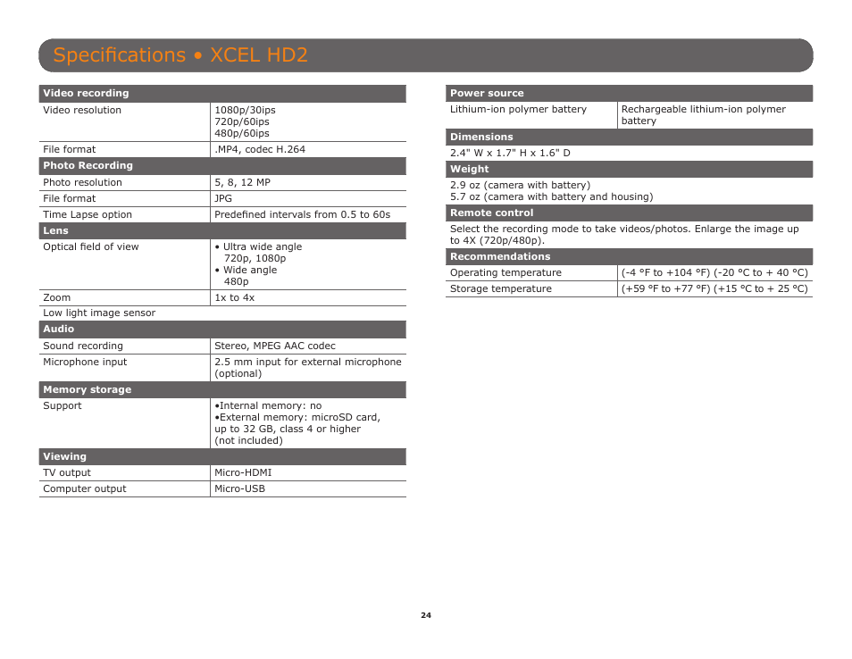 Specifications • xcel hd2 | SPYPOINT XCEL HD2 User Manual User Manual | Page 24 / 26